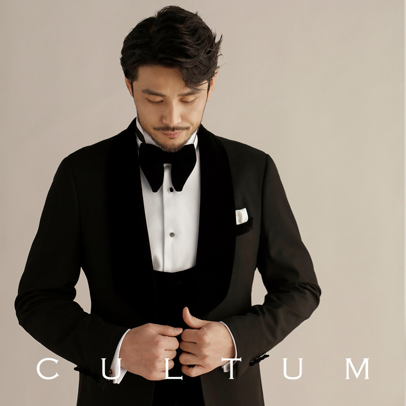 CULTUM金丝绒单排扣修身男婚礼宴会结婚新郎西服套装礼服男黑色_虎窝淘