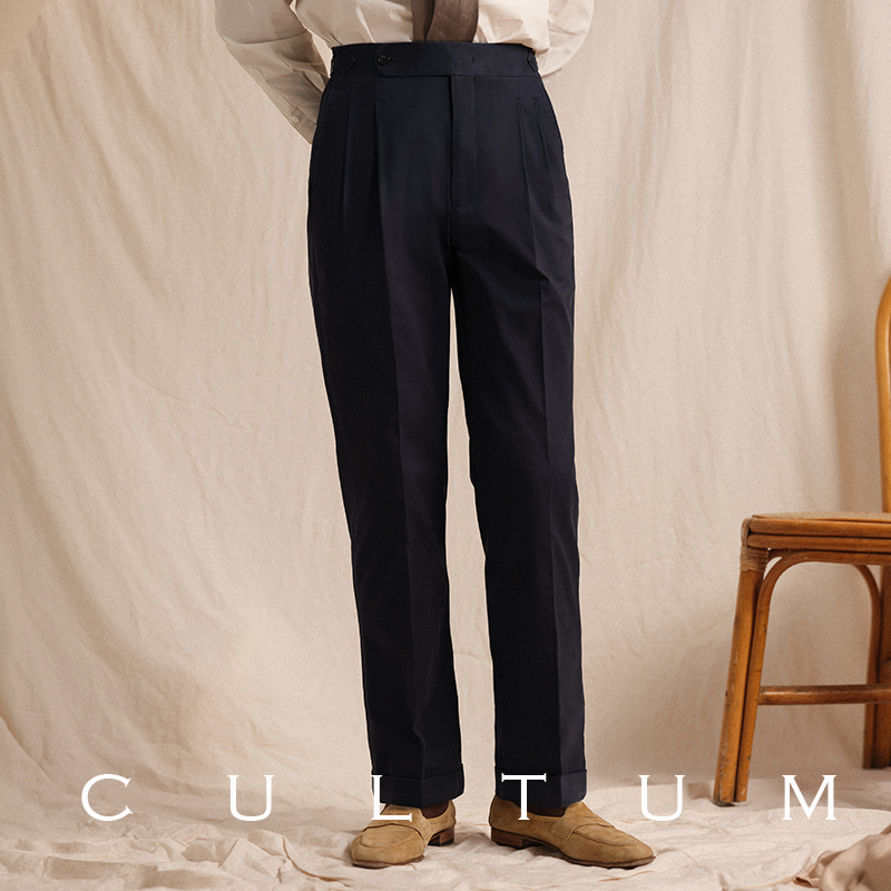 【水洗纯棉】CULTUM意式那不勒斯休闲双褶西裤男直筒西装长裤子-图1