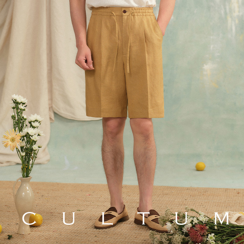 【100%法国亚麻】CULTUM慵懒度假风松紧腰抽绳单褶短裤五分裤男,淘宝优惠券,粉丝福利购,淘宝优惠卷