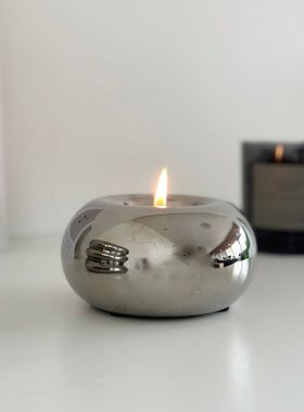 拾心缘 现代电镀陶瓷银色摆件 圆形蜡烛台座ins风桌面家居装饰品