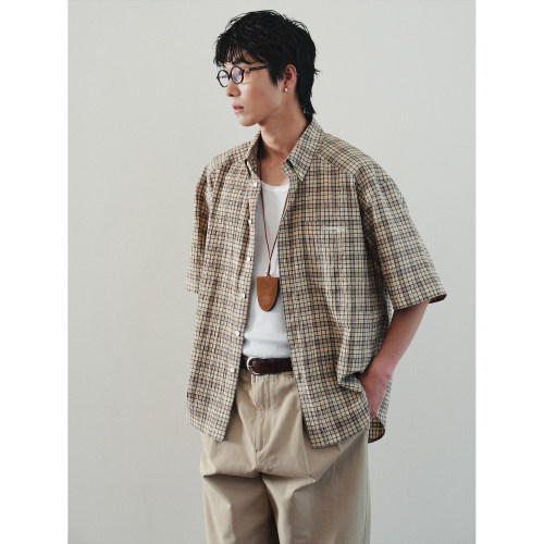 FERMENTEDSHIRT/夏新品色织格纹泡泡纱宽松休闲短袖衬衫复古感 - 图2