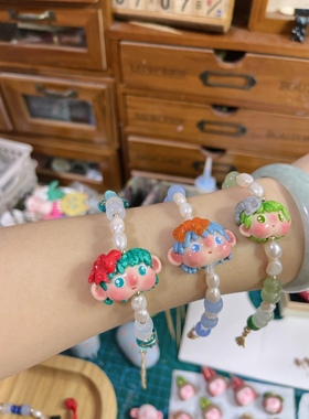 原创手作软陶小人娃娃手链淡水珍珠串珠手链