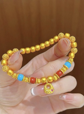 古法沙金锤纹小金坨老型珠绿松手链实心胖福苹果 珠手串国风