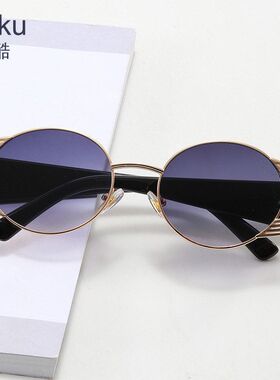 复古金属边椭圆大框猫眼墨镜女方