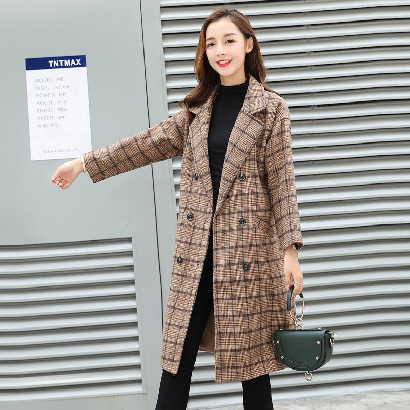 冬加厚新款毛呢外套女韩版中长款加棉格子呢大衣双排扣修身显瘦潮