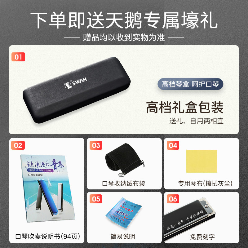 正品天鹅24孔复音c调初学者28口琴 天鹅口琴