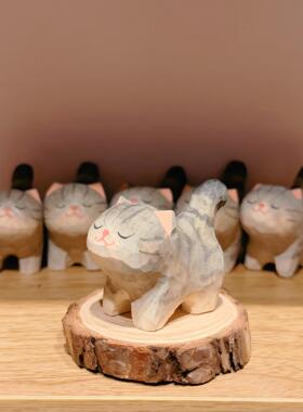 小猫纯手工实木雕刻工艺品客厅办公室桌面摆件家居饰品小银渐色小