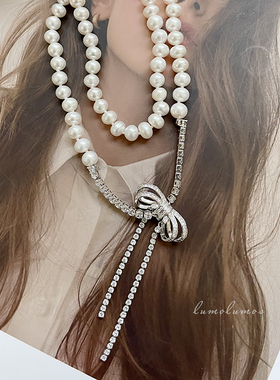蝴蝶结天然淡水珍珠项链女2022新款高级感毛衣链DIY时尚长款配饰