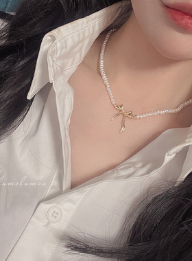 在逃公主蝴蝶结S925纯银天然淡水珍珠项链轻奢高级感锁骨链颈链