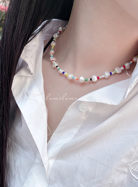 天然淡水珍珠项链手链糖果色夏天彩色串珠锁骨链巴洛克ins韩版潮