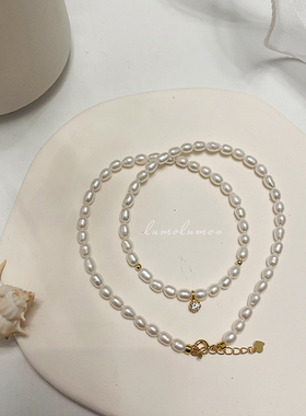 天然淡水复古小米粒珍珠项链女轻奢锆石小米珠颈链锁骨链法式气质