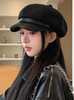 贝雷帽女秋冬复古皮檐报童帽子