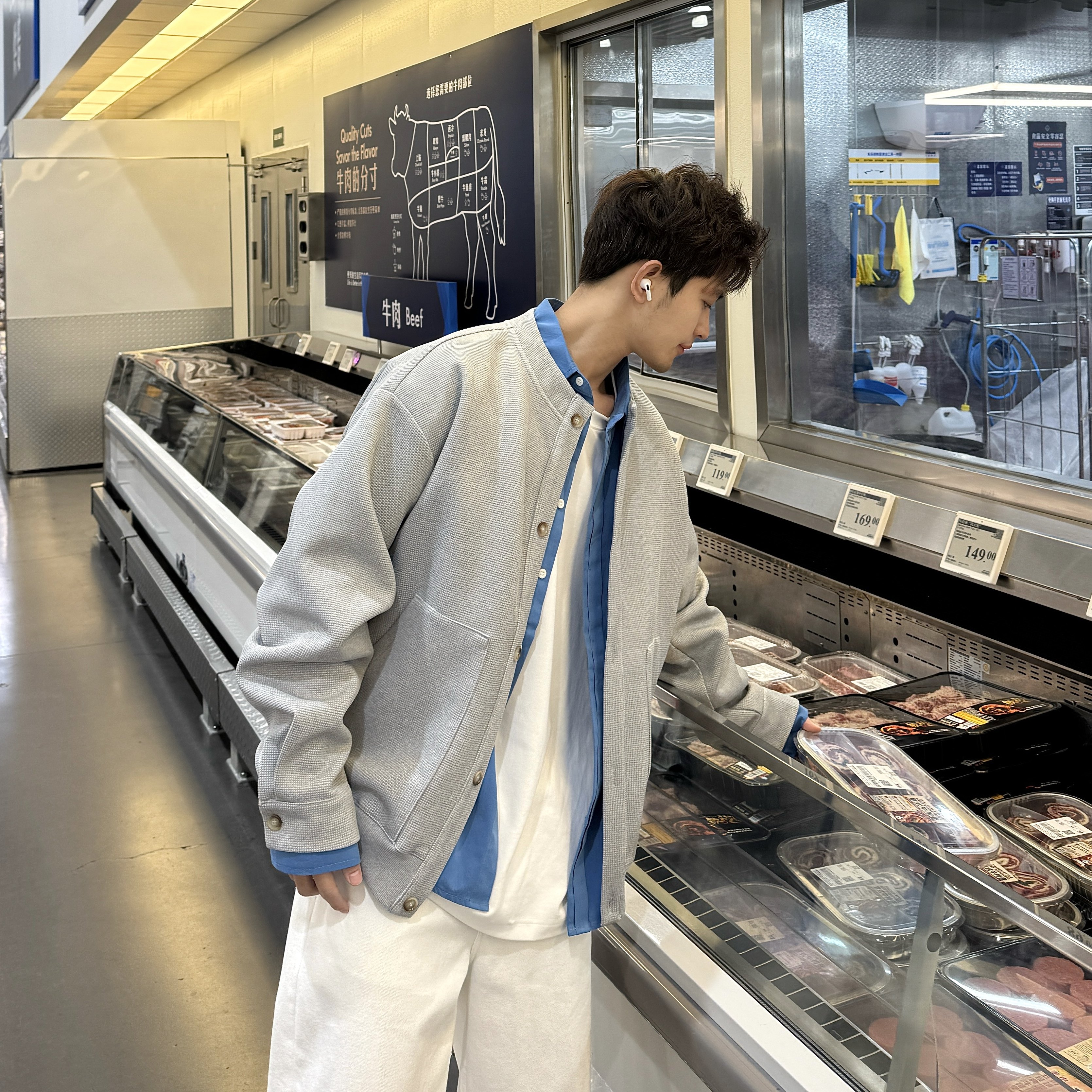 飞型记复古假两件华夫格卫衣男慵懒风撞色袖开衫宽松休闲灰色外套,淘宝优惠券,粉丝福利购,淘宝优惠卷