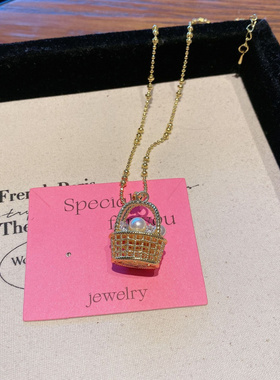 设计感珍珠锆石编织花篮吊坠项链