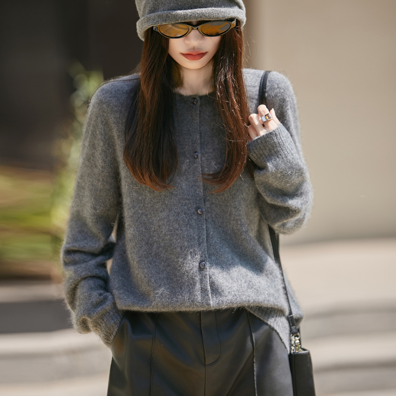 绵羊毛山羊绒桑蚕丝质感软糯绒黄色毛衣针织开衫外套女设计感上衣 - 图1