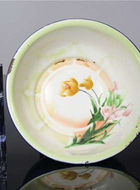 老旧搪瓷脸盆花卉喜字图案收藏道