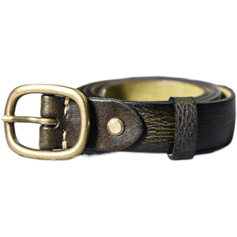真皮复古铜扣头女士腰带新款皮带宽简约百搭针扣裤带手工擦色做旧
