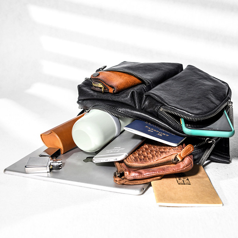 简约潮流单肩包男士真皮斜挎包胸包多袋机车小背包休闲通勤邮差包,淘宝优惠券,粉丝福利购,淘宝优惠卷