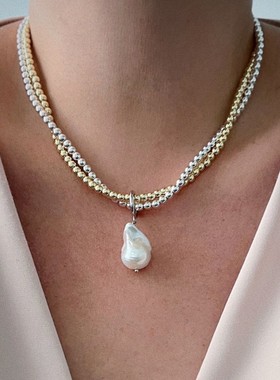 欧美跨境复古简约仿珍珠水滴吊坠项链小众设计感圆形串珠缠绕项饰