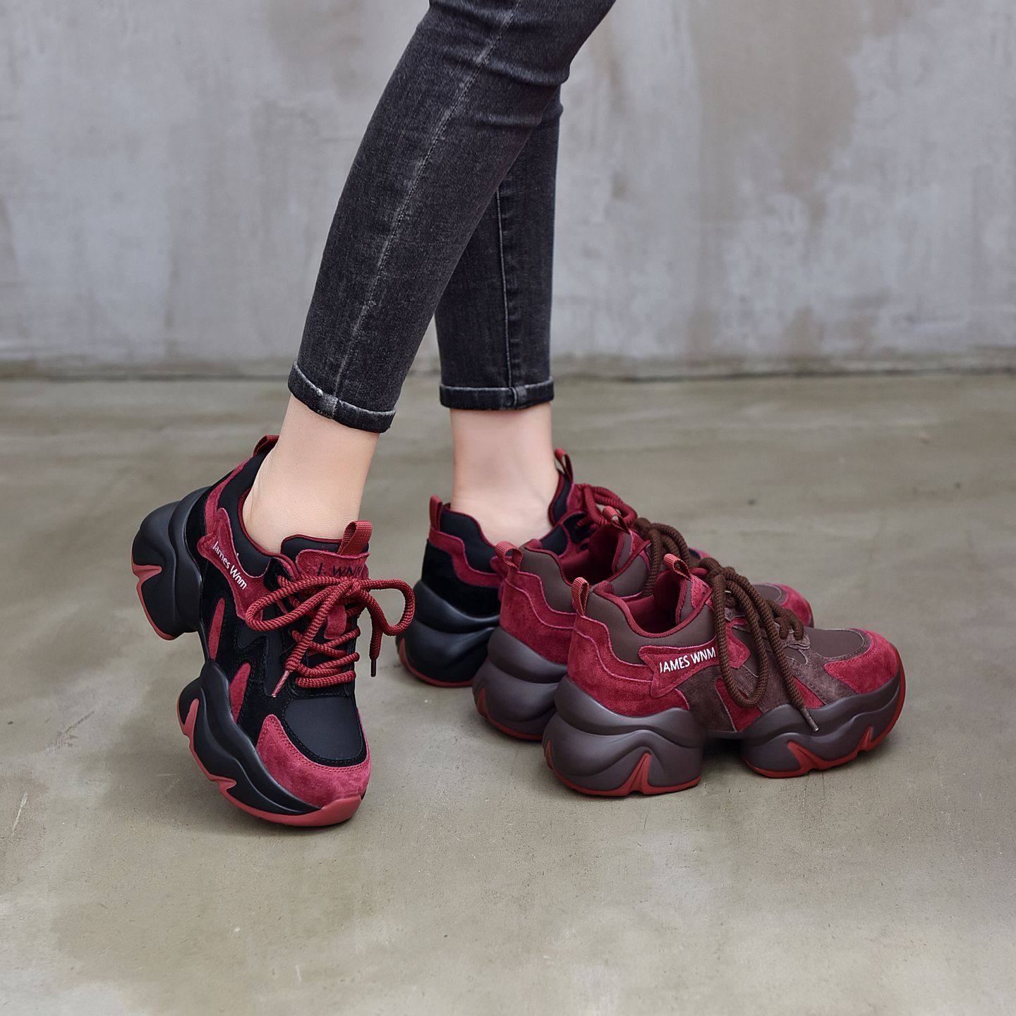 真皮厚底2025秋冬新款加绒系带大码老爹鞋女拼色增高运动休闲女鞋,淘宝优惠券,粉丝福利购,淘宝优惠卷