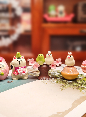 樱花宴会招财猫微缩场景摆件