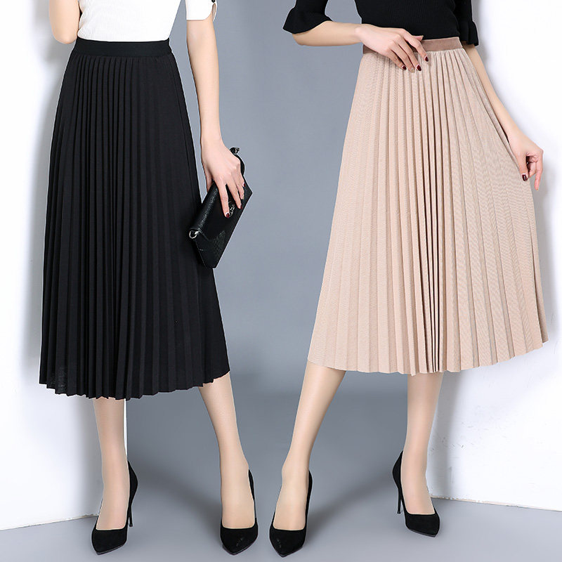 高腰中长百褶裙2020春秋毛呢女长裙 早菲服饰半身裙