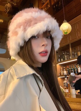 韩国ins手工条纹兔毛毛线帽子女时尚保暖护耳渔夫帽毛绒绒显脸小