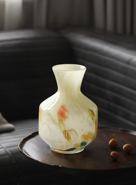 温润玉质琥珀玻璃花瓶样板房客厅家居桌面精致花瓶摆件琉璃花器