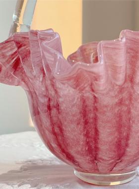 褶皱裙边法式中古粉色芬顿玻璃手作小提篮果盘样板间桌面轻奢摆件