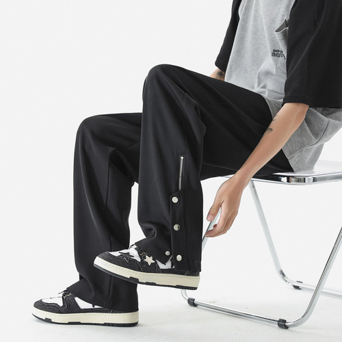 XWWF排扣裤子男薄夏季潮牌美式高街垂感宽松直筒休闲运动冰丝长裤 - 图2