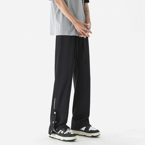 XWWF排扣裤子男薄夏季潮牌美式高街垂感宽松直筒休闲运动冰丝长裤 - 图0