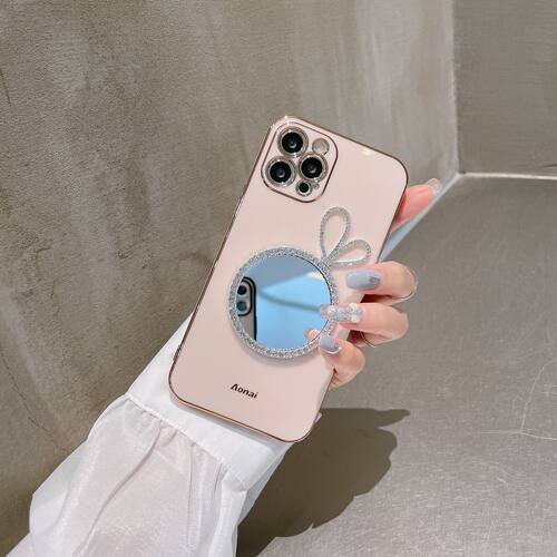 水钻兔耳朵补妆镜子iPhone16pro适用15pro手机壳14proMax超薄软硅胶12个性创意11苹果13防摔保护套plus女新款 - 图2