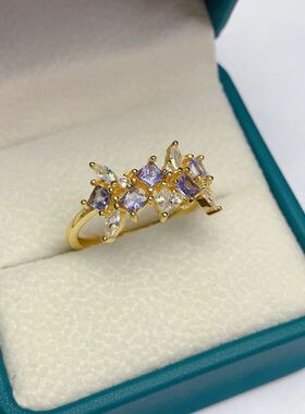 天然坦桑石戒指925银镀金镶嵌 主石方3*3MM精工品质 活口戒指