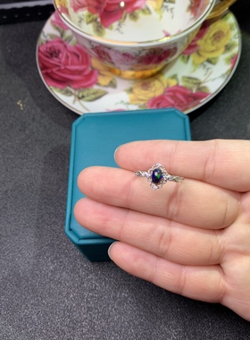 小巧精致黑欧泊戒指925银镀白金天然黑欧珀石戒指4*6MM蕾丝戒指