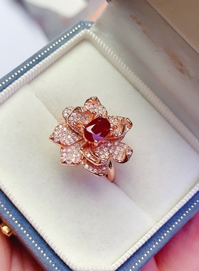 天然缅甸红宝石戒指925银镀金镶嵌 主石5*7MM活口一克拉花朵戒指