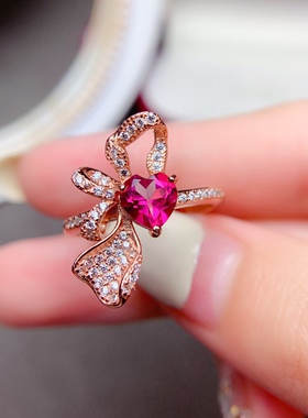 天然粉色托帕石戒指925银精工镶嵌 主石心6*6mm时尚个性潮流戒指