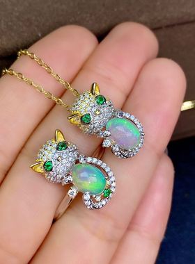 新款天然泊套装925猫咪欧泊戒指