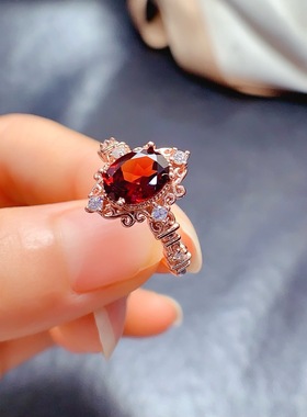 新款天然托帕石戒指6*8MM925银镀金镶嵌黄水晶石榴石粉托帕戒指