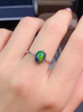 新款天然黑欧泊戒指 主石6*8mm925银精工镶嵌 圈活口特惠火彩闪耀