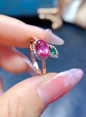 天然粉托帕石戒指 石5*7mm特惠 精工925银镶嵌开口戒指 橙子戒指