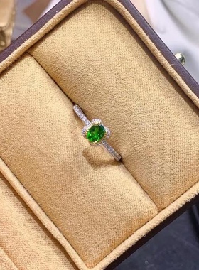 新款天然透辉石戒指925银镶奶奶绿色925银精工镶嵌戒指4*5mm特惠