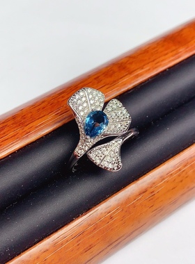 天然伦敦蓝托帕石戒指925银镀金镶嵌 主石5*7MM活口银杏叶戒指