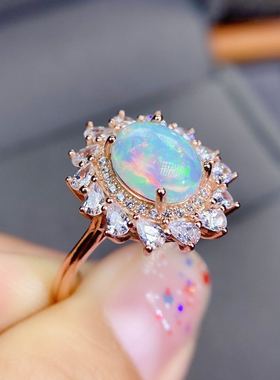 天然炫彩欧泊戒指小清新玫瑰金