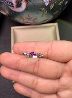 新款天然紫水晶戒指925银镀金镶嵌时尚戒指主石方3MM开口戒指