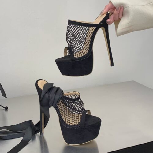 性感交叉绑带恨天高凉鞋时尚镂空增高凉拖鞋细跟防水台走秀高跟鞋 - 图2