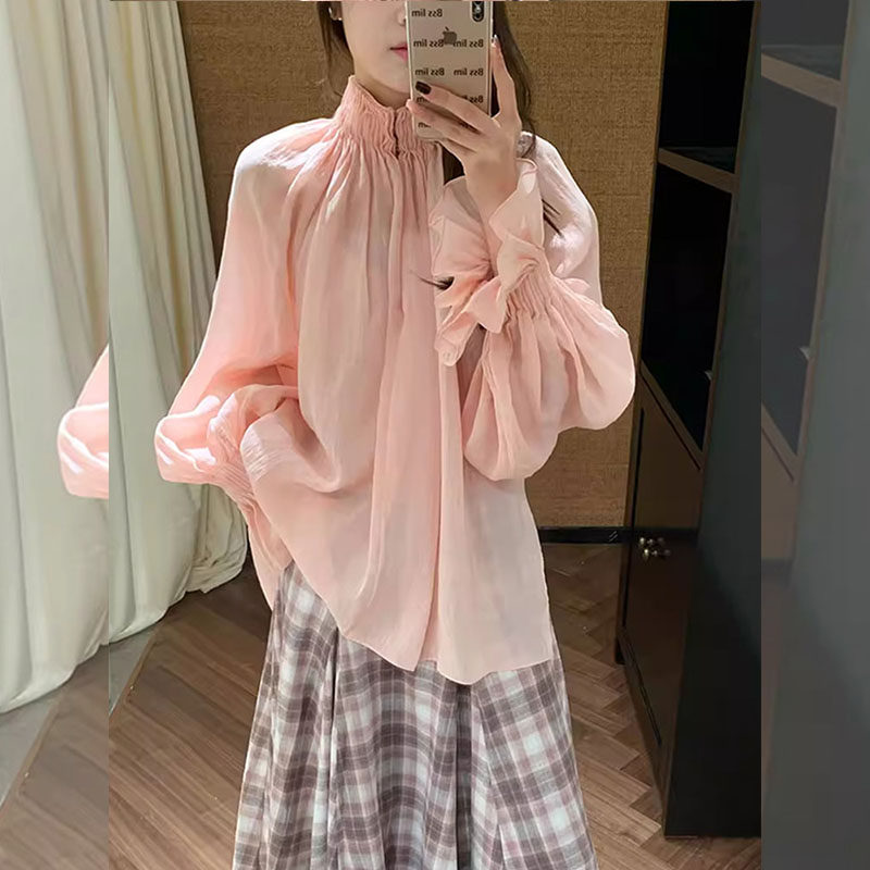 甜美风小众灯笼袖粉色衬衫女2026春季新款氛围感绝美褶皱高领上衣,淘宝优惠券,粉丝福利购,淘宝优惠卷