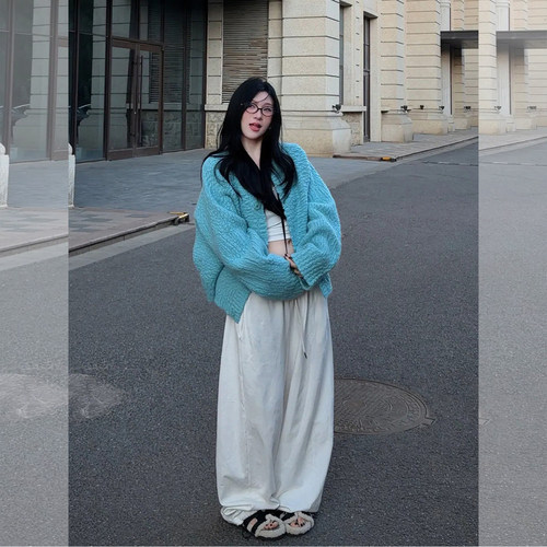 韩系一整套ootd穿搭秋冬松弛感蓝色毛衣外套高腰阔腿裤休闲套装女 - 图0