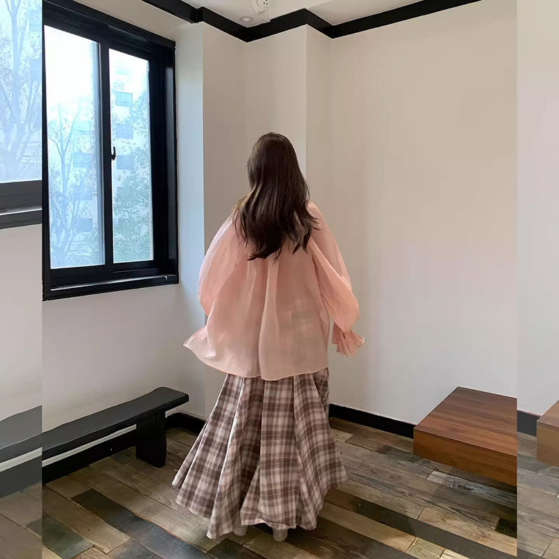 甜美风小众灯笼袖粉色衬衫女2026春季新款氛围感绝美褶皱高领上衣,淘宝优惠券,粉丝福利购,淘宝优惠卷