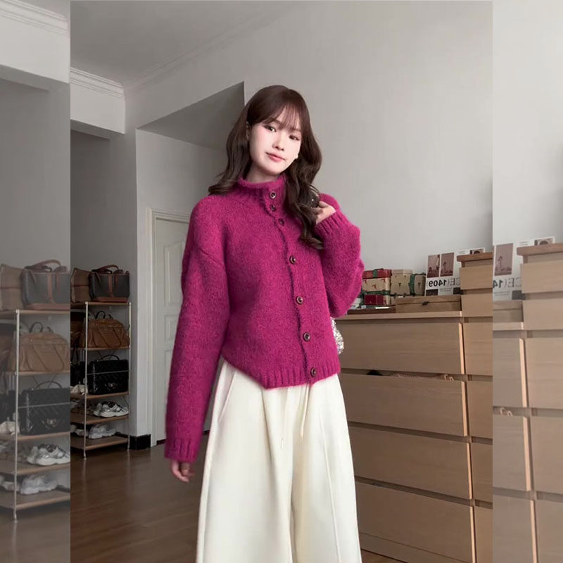 2026春季玫红色立领针织毛衣套装女超火休闲巨好看韩式搭配一整套,淘宝优惠券,粉丝福利购,淘宝优惠卷