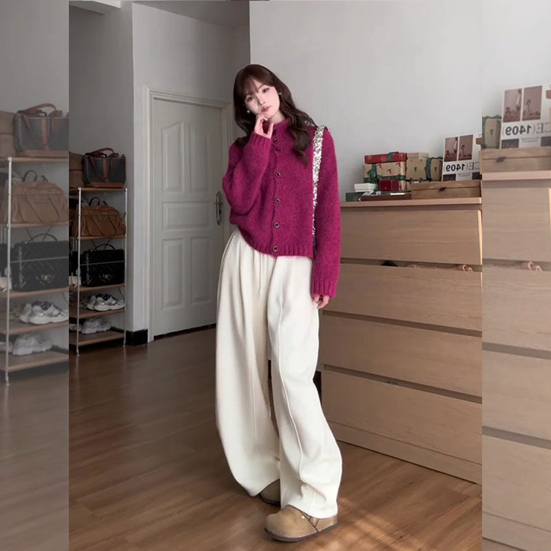 2026春季玫红色立领针织毛衣套装女超火休闲巨好看韩式搭配一整套,淘宝优惠券,粉丝福利购,淘宝优惠卷